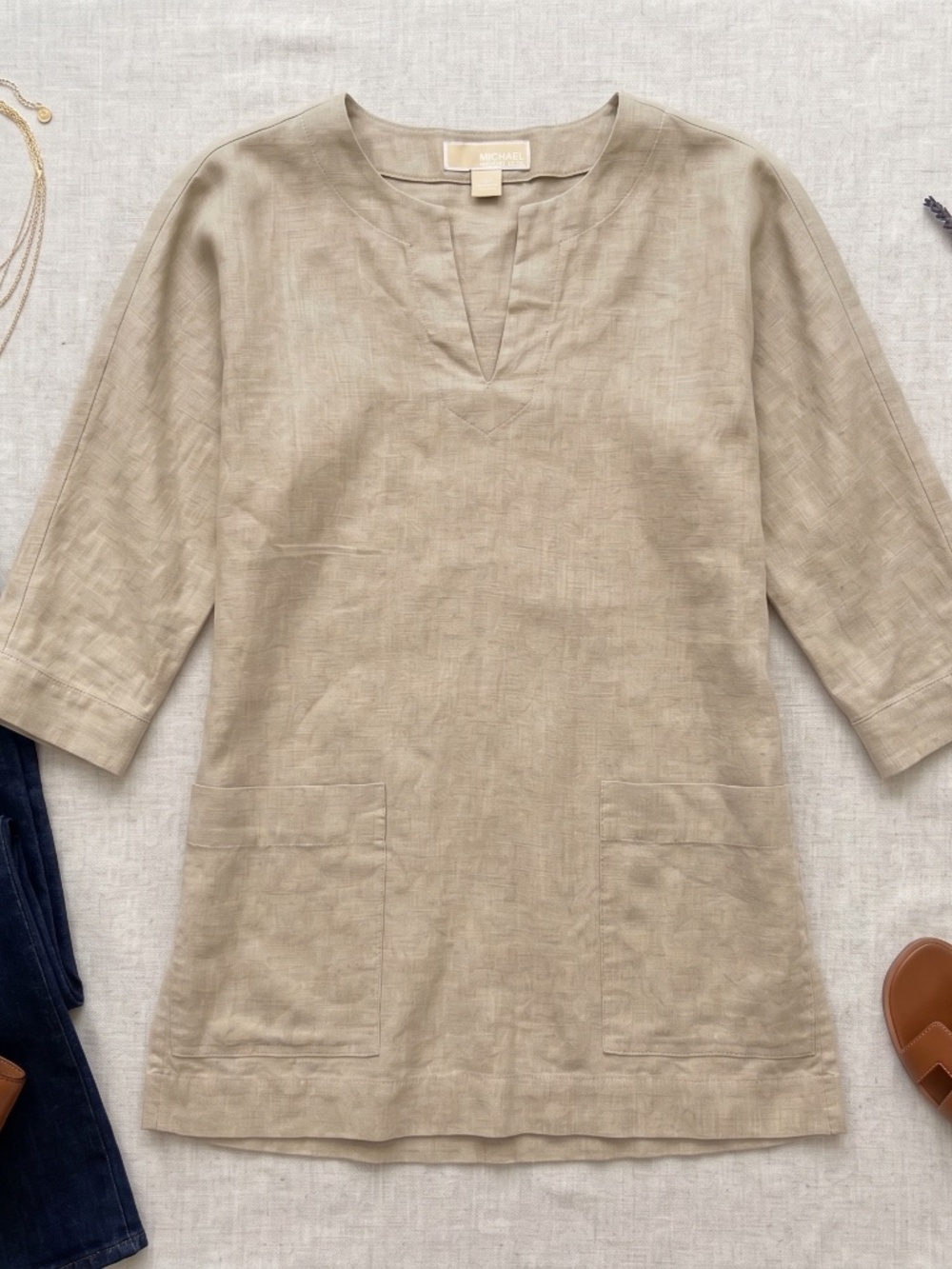 MICHAEL Michael Kors 100% Linen Split-Neck Tunic Top XS Flax Beige